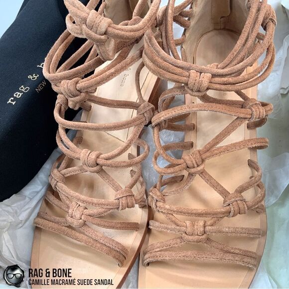 RAG & BONE CAMILLE MACRAMÉ SUEDE HIGH-HEEL STRAPPY SANDALS IN CAMEL SIZE 8, 9.5 - Picture 9 of 11